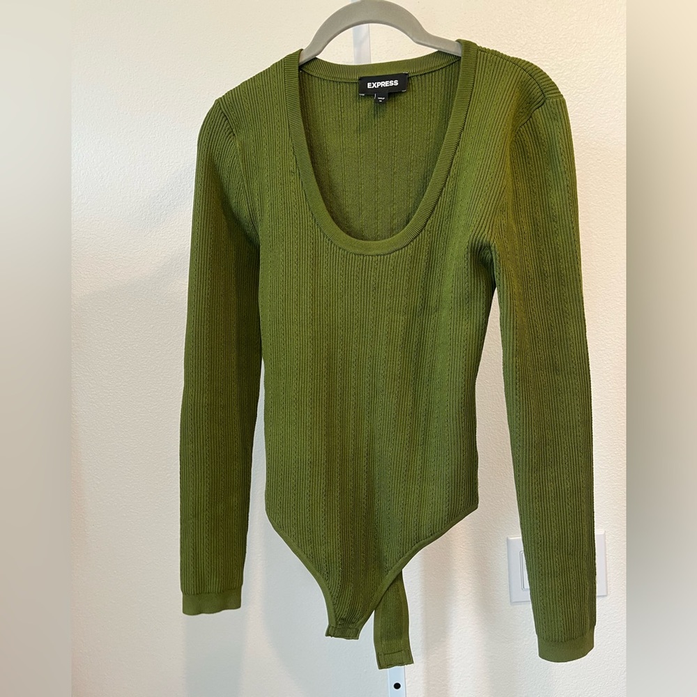 Express Olive Ribbed Knit Bodysuit - Picture 2 of 6
